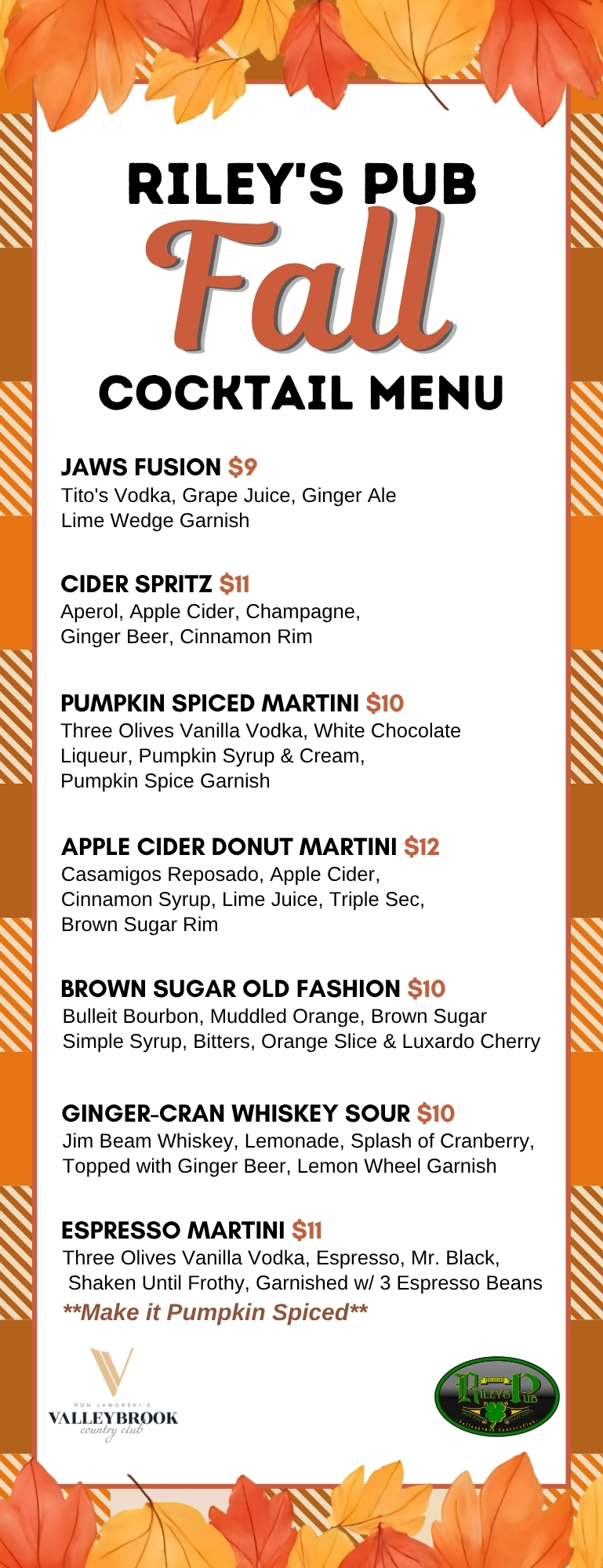 Riley's Pub fall 2026 cocktail menu at Valleybrook Country Club in Blackwood, NJ