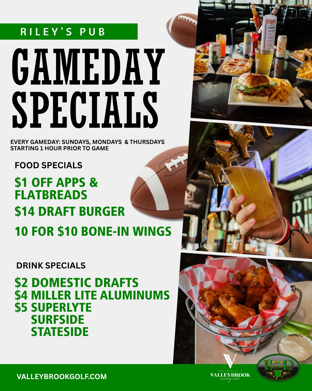 Riley's Pub Gameday Specials at Valleybrook Country Club in Blackwood, NJ: Sundays, Mondays & Thursdays starting 1 hour before the game